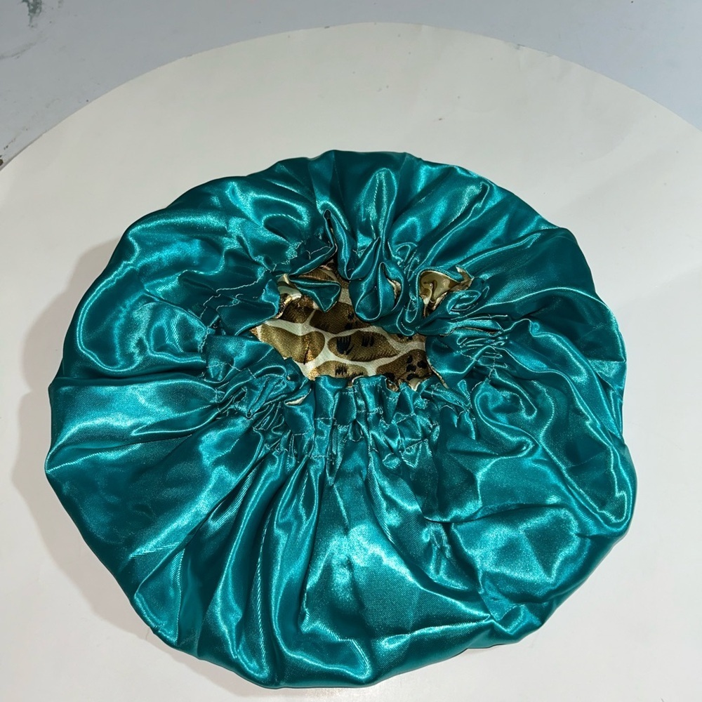 Teal Satin Hair Bonnet with Leopard Print